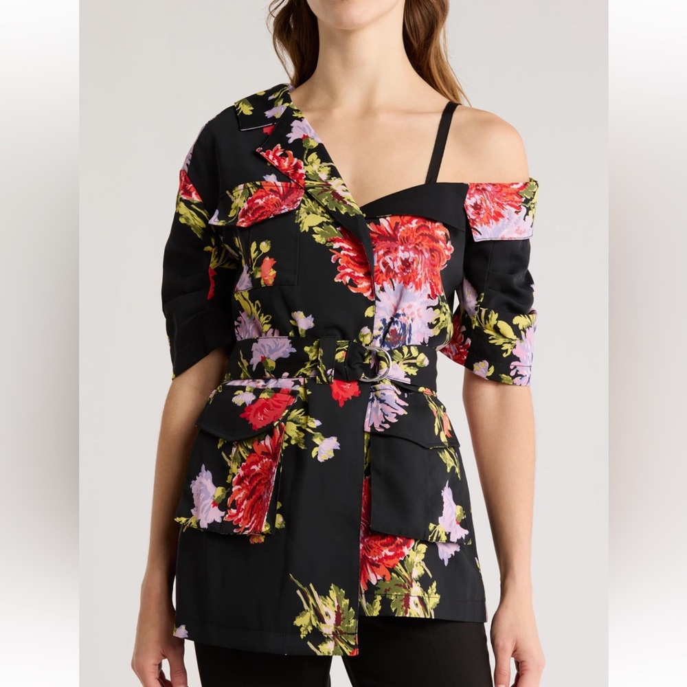 cinq a sept Black Floral Off-Shoulder Blazer with Red and Purple Flowers
